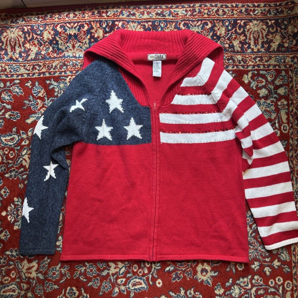 Tiara International American Flag Zip Up Cardigan Sweater Sequin Stars Red M